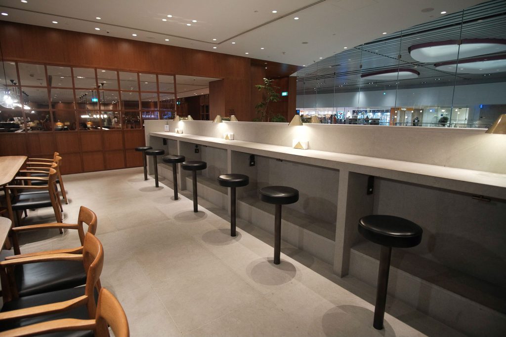 Bar counters facing the parapet.
