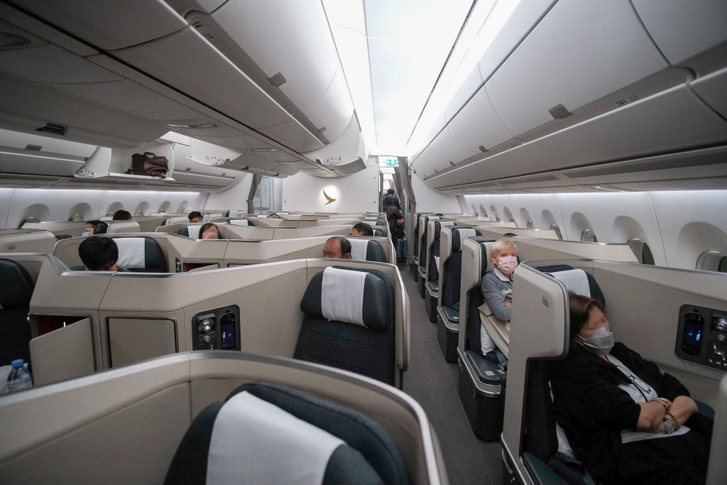 An overview of the Cathay Pacific Business Class Cabin.