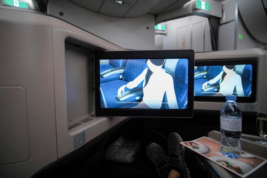 In-flight entertainment system and monitor in Cathay Pacific's A350-900 business class seats.