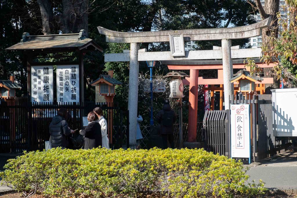Tori gates and temple in Tokyo Ueno Park.
