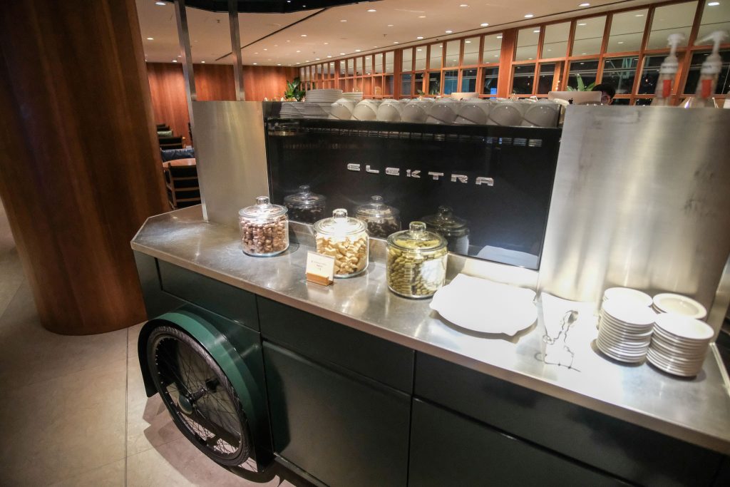 A barista cart in The Pier business class lounge.