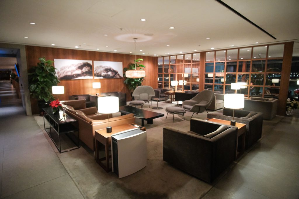 Cathay Pacific's The Pier Business Class Lounge in Hong Kong International Airport. This is an overview of the lounge interior.