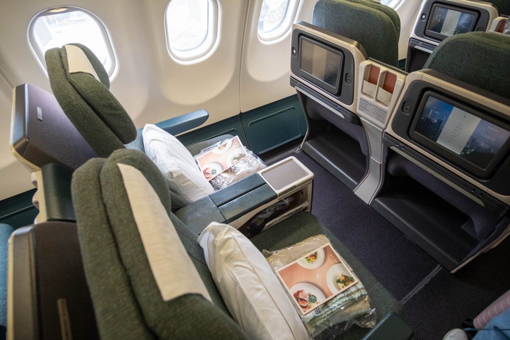 Top down shot of the business class seats on the Cathay Pacific A330-300 flight.