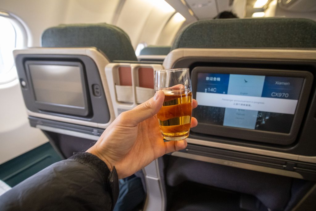 The cabin crew served us a welcome drink shortly after boarding.
