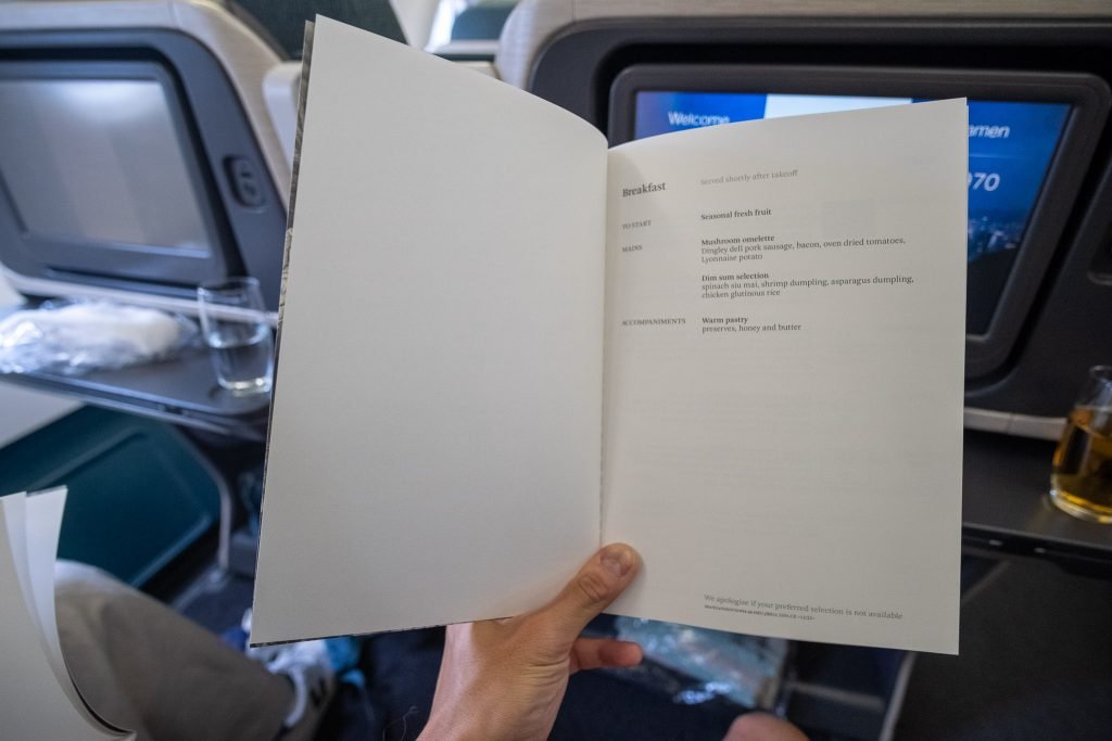 Breakfast menu served on the Cathay Pacific regional business class flight.