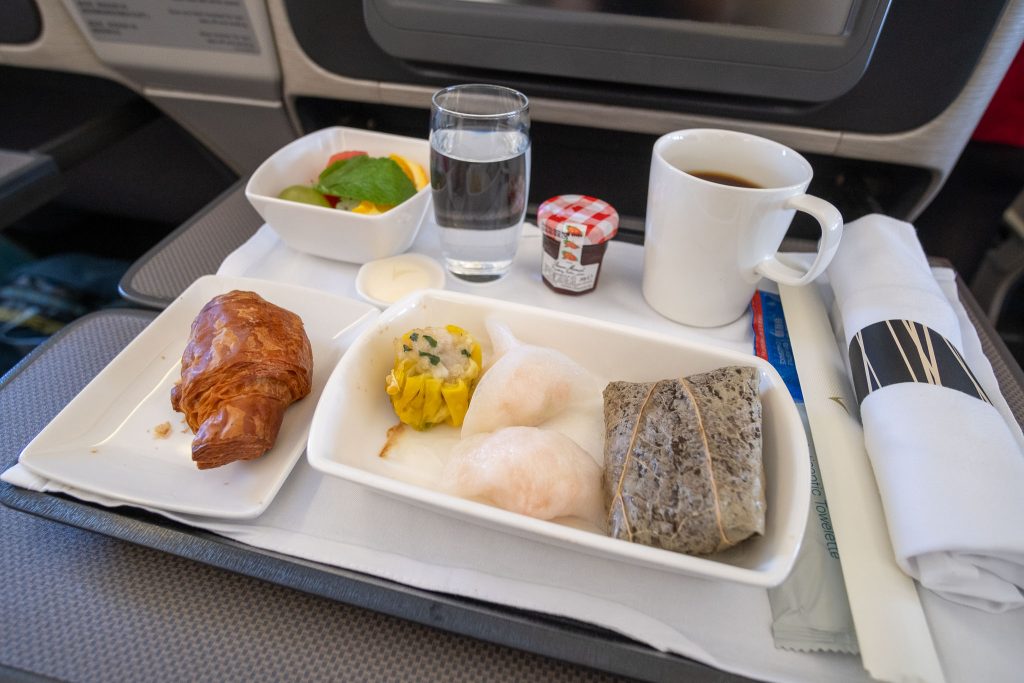 Breakfast set onboard a Cathay Pacific regional business class flight.