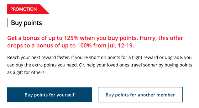 Promotion banner for Air Canada's points purchase bonus.