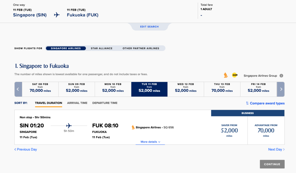 Singapore to Fukuoka flight redemption on Singapore Airline's Krisflyer website.