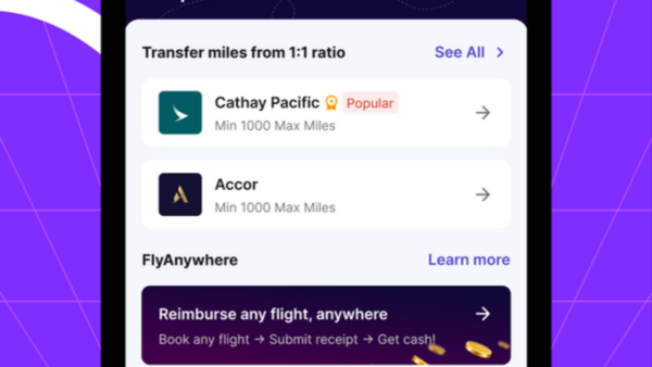 HeyMax app showing Max Miles airline transfers and FlyAnywhere redemption options