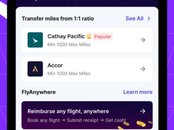 HeyMax app showing Max Miles airline transfers and FlyAnywhere redemption options