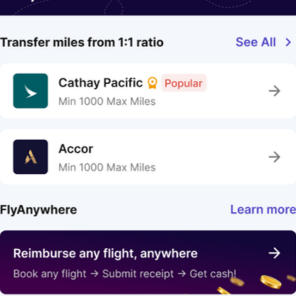 HeyMax app showing Max Miles airline transfers and FlyAnywhere redemption options