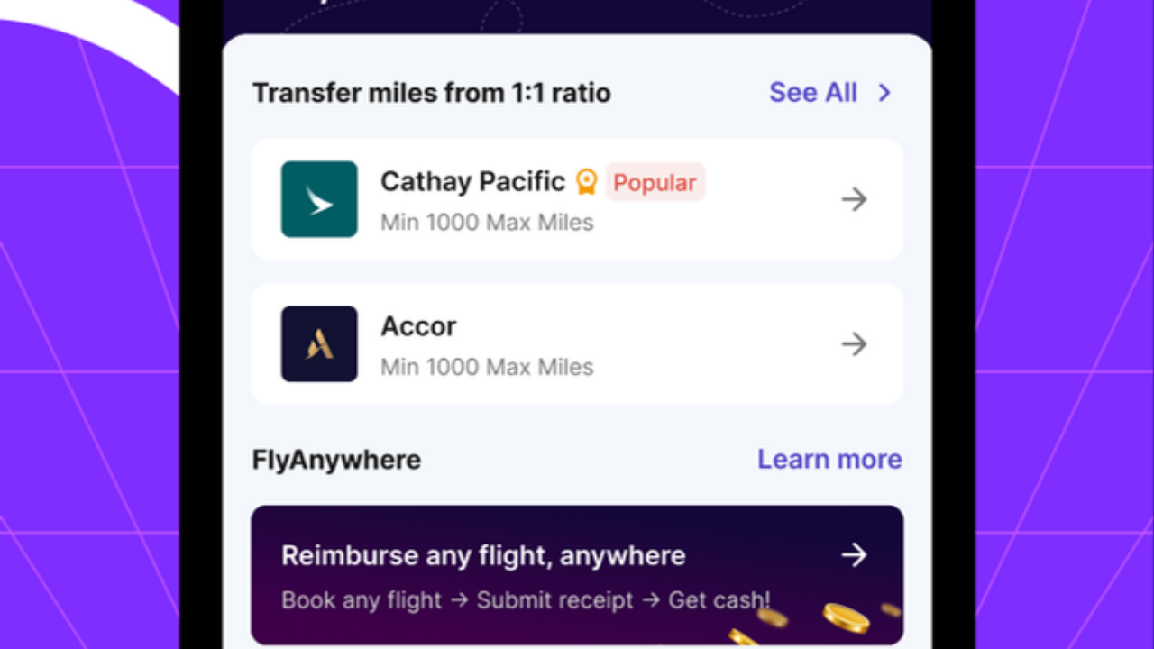 HeyMax app showing Max Miles airline transfers and FlyAnywhere redemption options