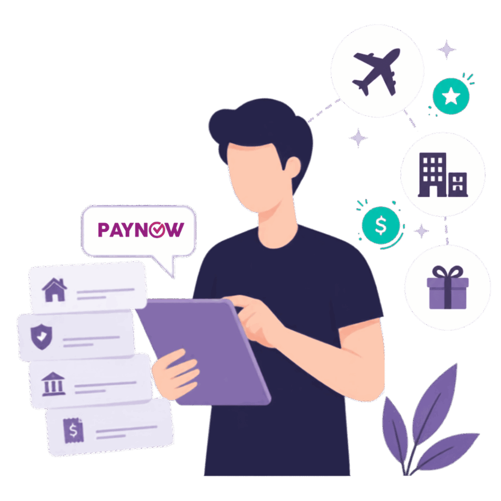 Illustration of bills paid through PayNow being converted into travel rewards with CardUp and HeyMax